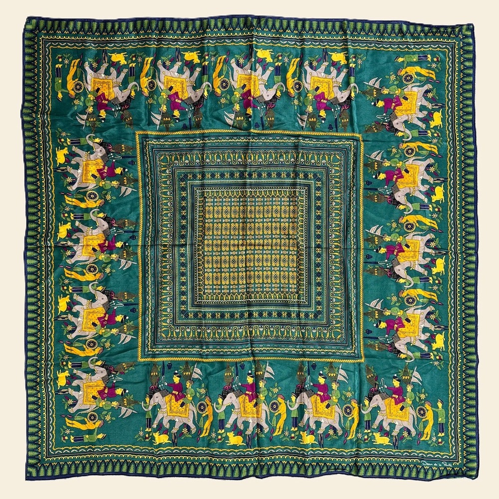 Vintage Oscar de la Renta Silk Scarf Teal Mughal Elephant Procession